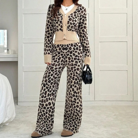 Multicolor Casual Women's Knit Sweater & Wide Leg Leopard Print Pants Set - Picture 1 of 7